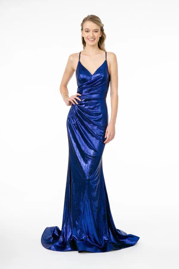 Ruched Metallic Lame V-Neck Mermaid Long Dress w/ Lace Up Back by Tux-USA