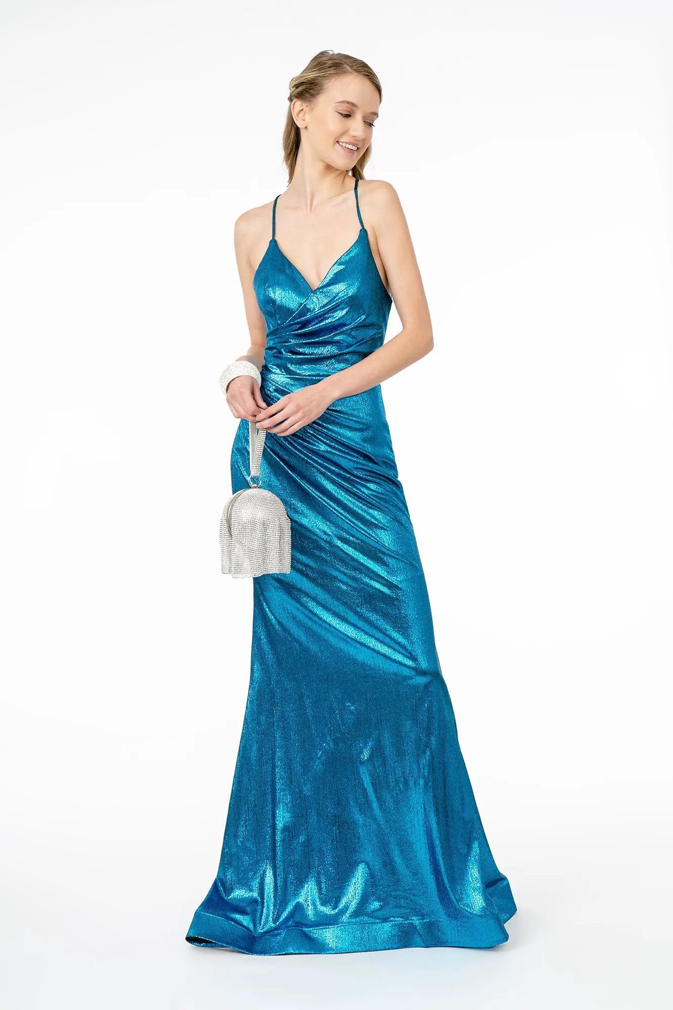 Ruched Metallic Lame V-Neck Mermaid Long Dress w/ Lace Up Back by Tux-USA