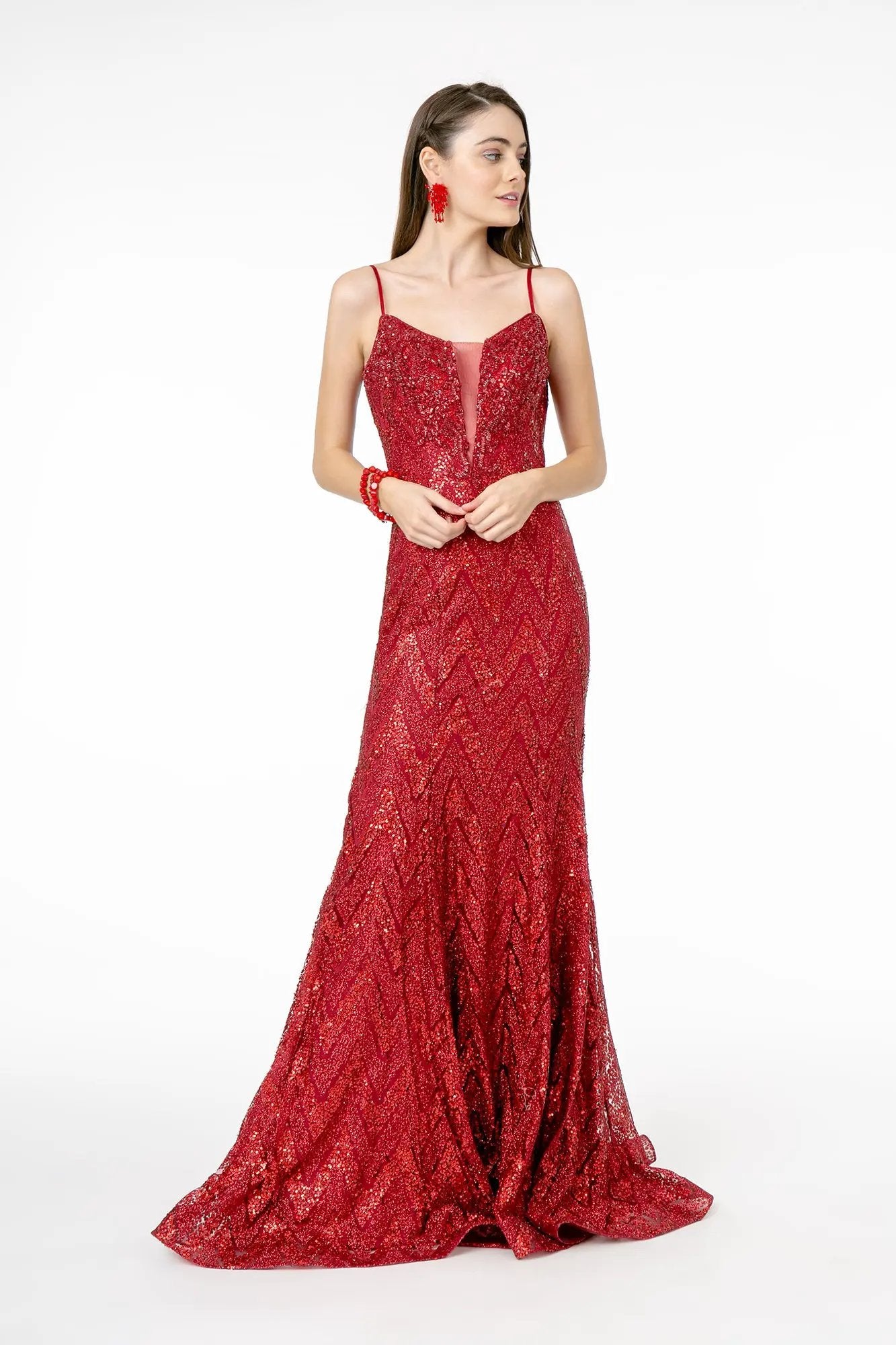 Long Dress Mermaid Illusion V Neck Spaghetti Strap Rose Gold by Tux-USA