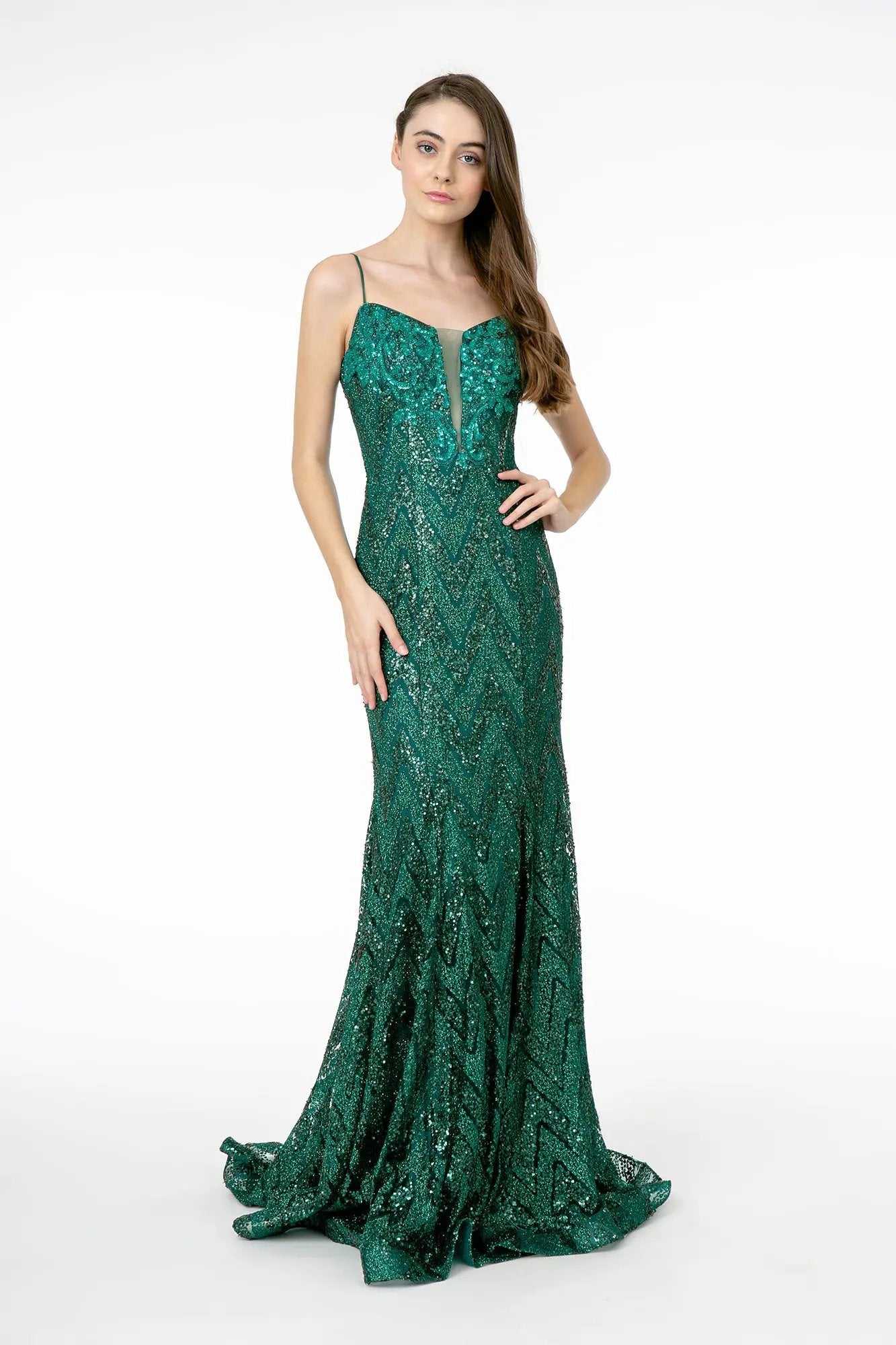 Long Dress Mermaid Illusion V Neck Spaghetti Strap Rose Gold by Tux-USA