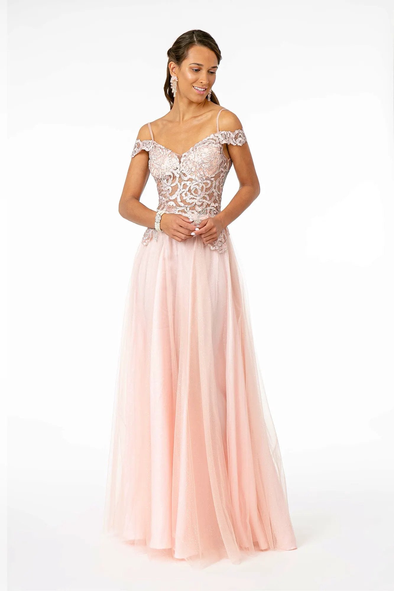Sheer Bodice Mesh A-Line Long Dress by Tux-USA
