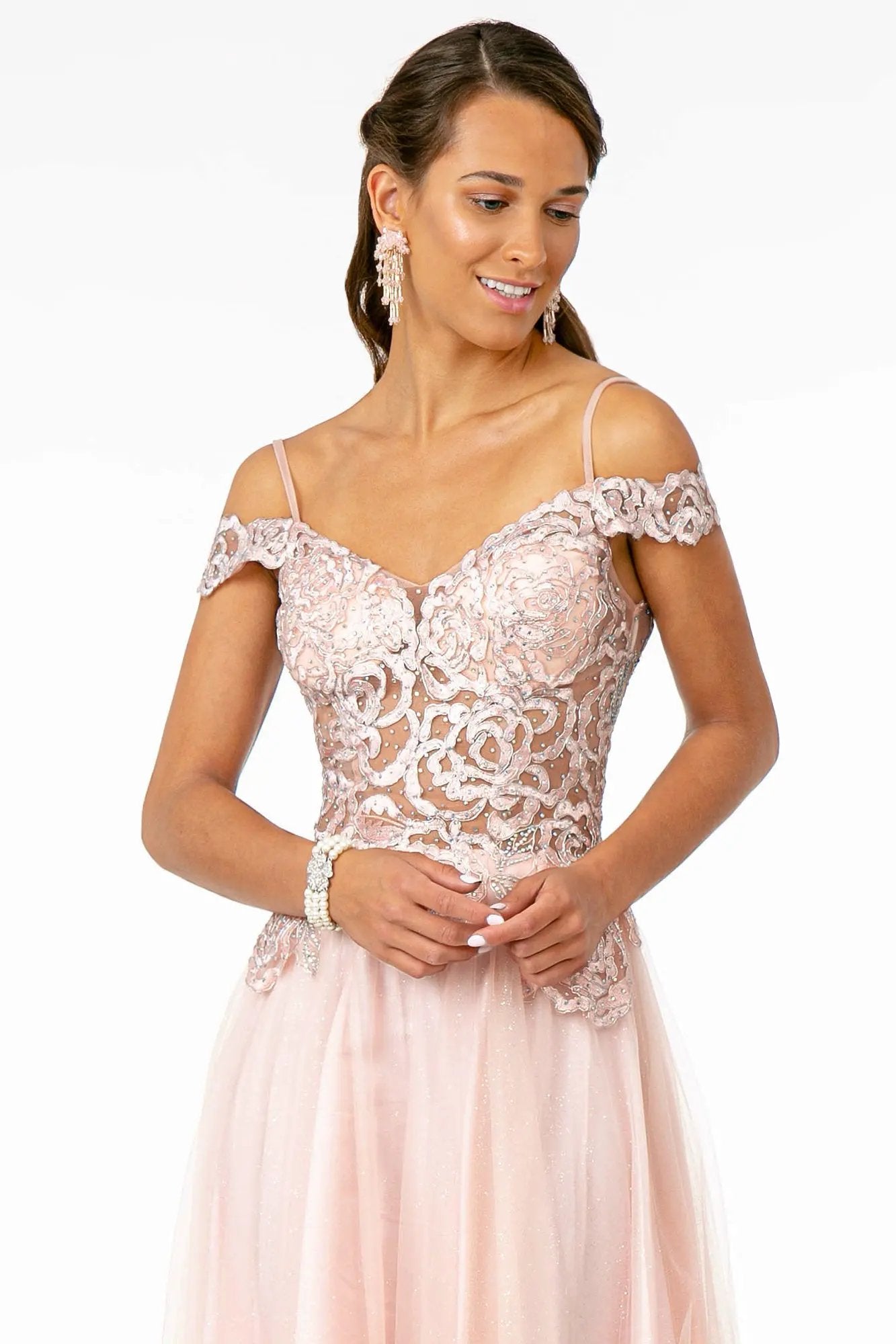Sheer Bodice Mesh A-Line Long Dress by Tux-USA
