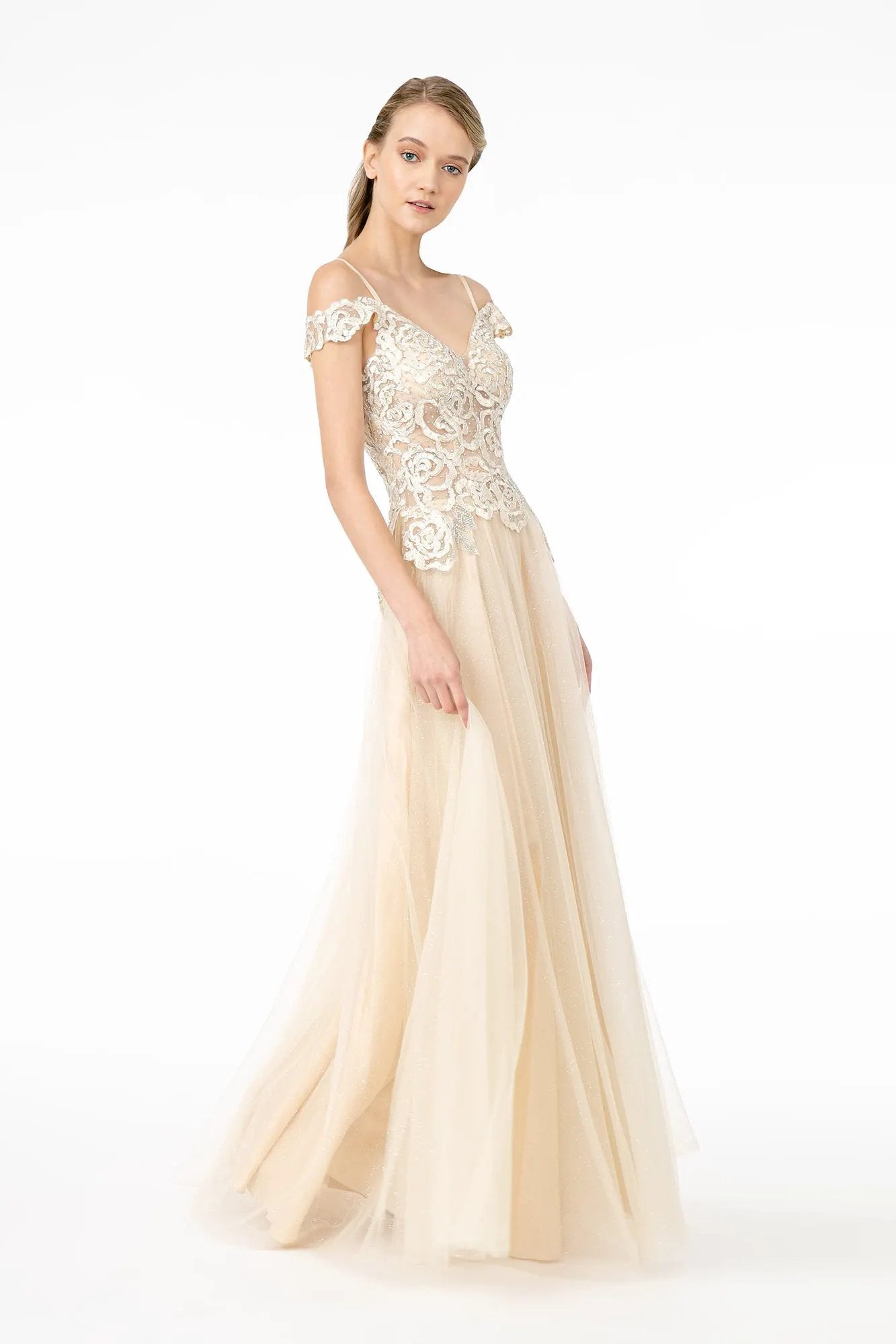 Sheer Bodice Mesh A-Line Long Dress by Tux-USA