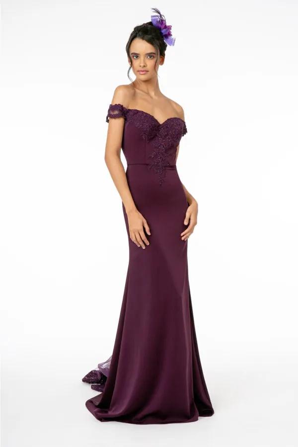Embroidered Cut-Away Shoulder Jersey Long Dress w/ V-Back by Tux-USA