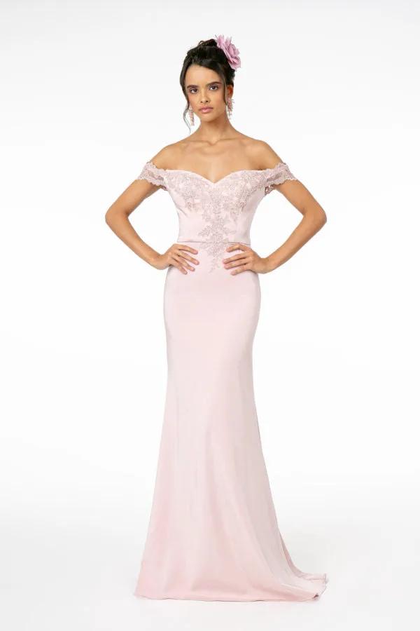 Embroidered Cut-Away Shoulder Jersey Long Dress w/ V-Back by Tux-USA