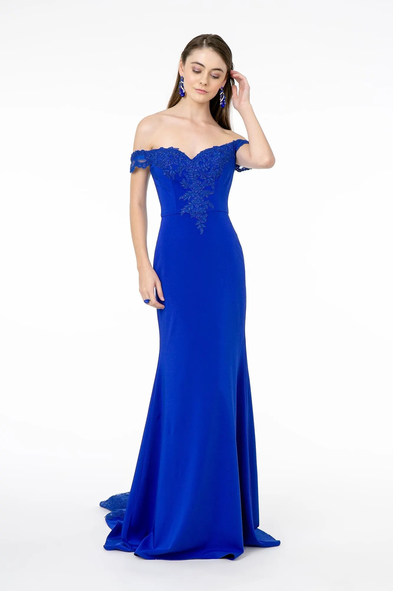 Embroidered Cut-Away Shoulder Jersey Long Dress w/ V-Back by Tux-USA