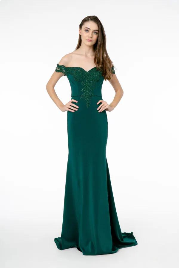 Embroidered Cut-Away Shoulder Jersey Long Dress w/ V-Back by Tux-USA