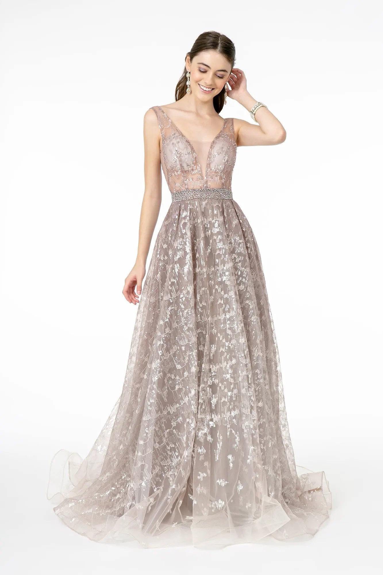 Embroidered Illusion V-Neck Mesh Long Dress w/ V-Back by Tux-USA
