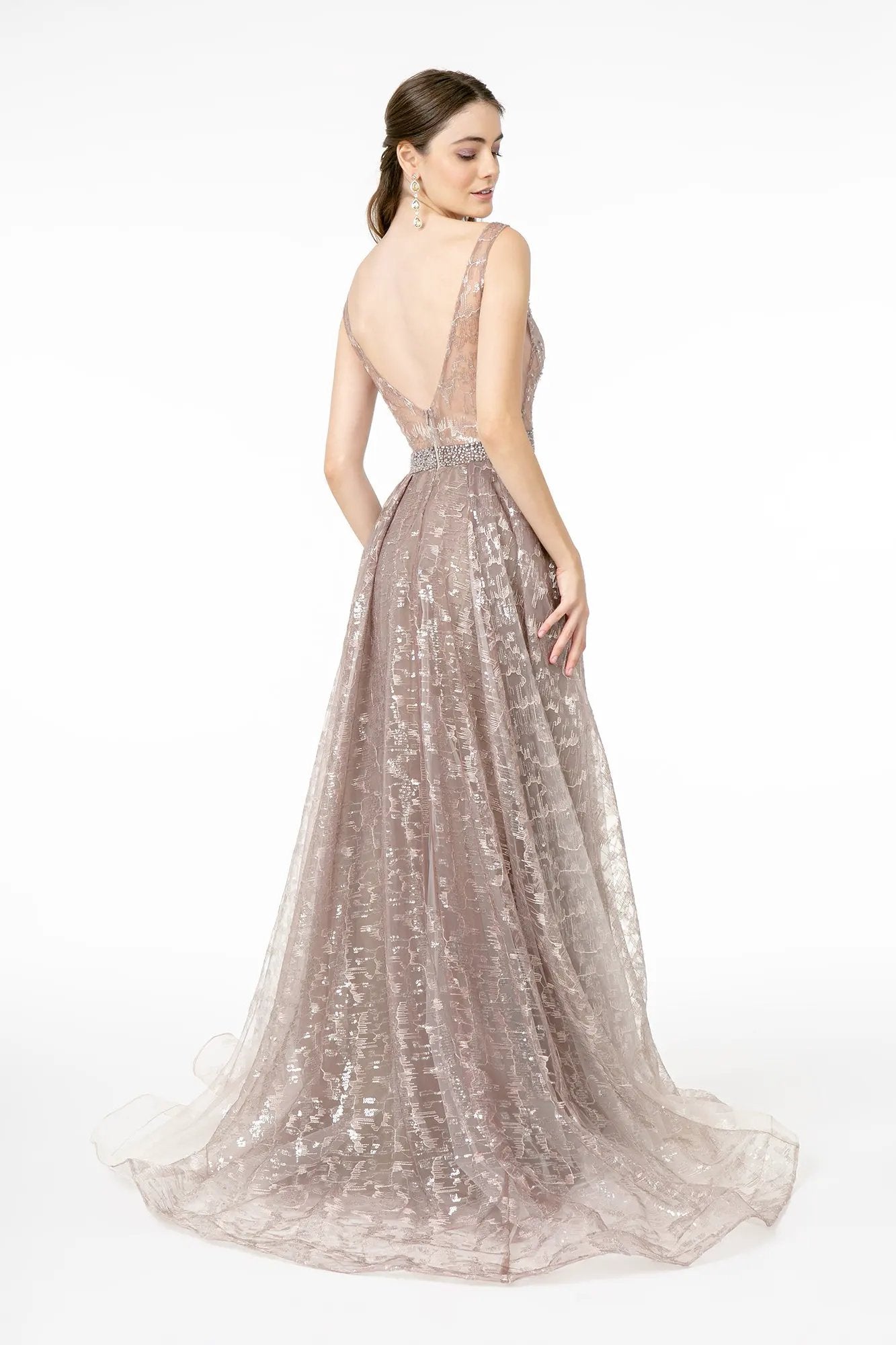 Embroidered Illusion V-Neck Mesh Long Dress w/ V-Back by Tux-USA