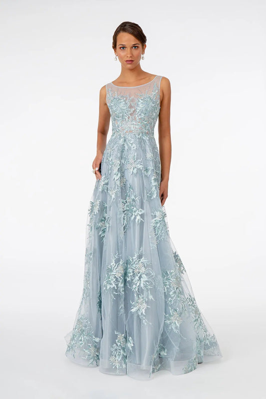 Embroidered Mesh A-Line Long Dress by Tux-USA