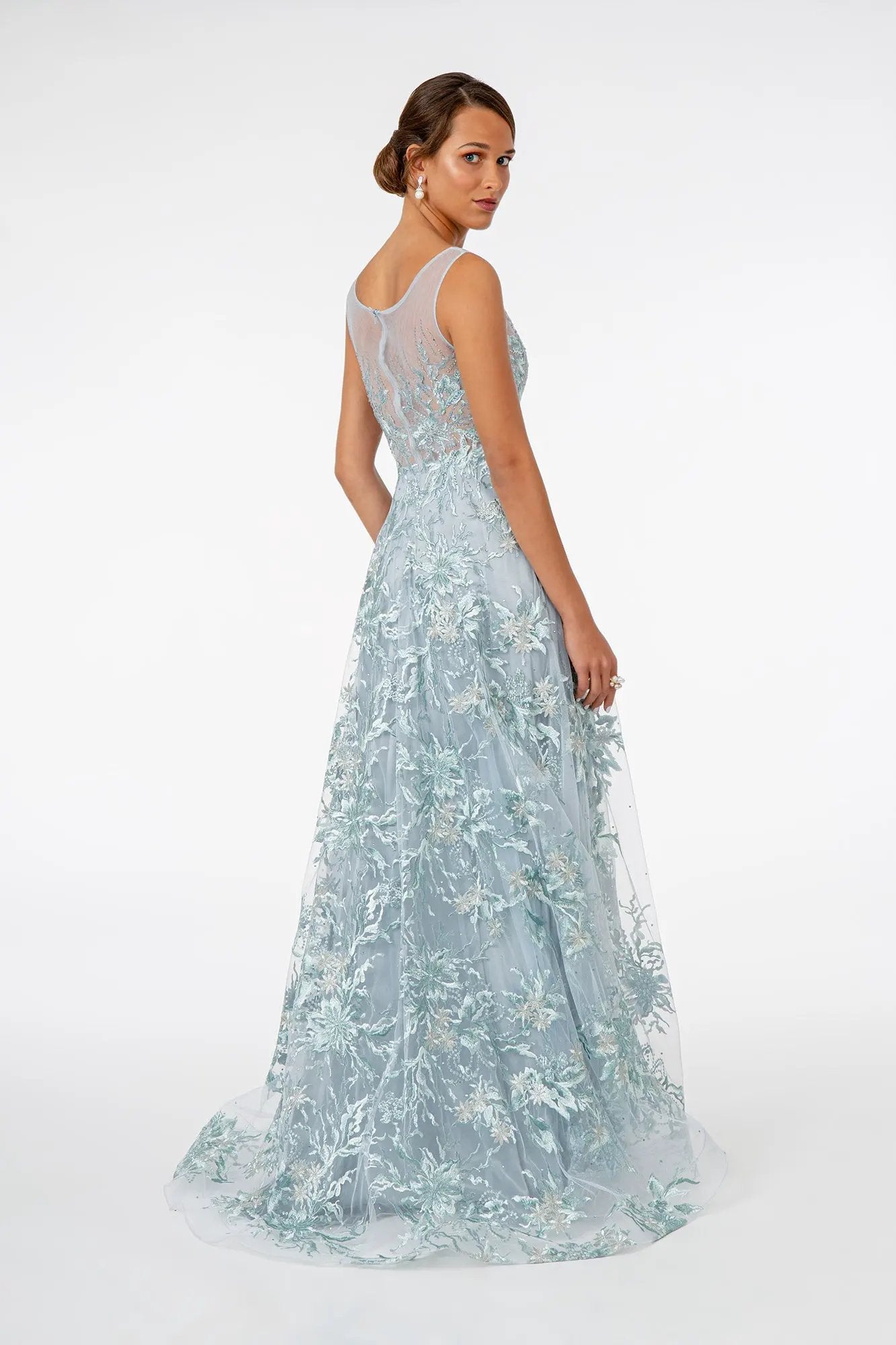 Embroidered Mesh A-Line Long Dress by Tux-USA