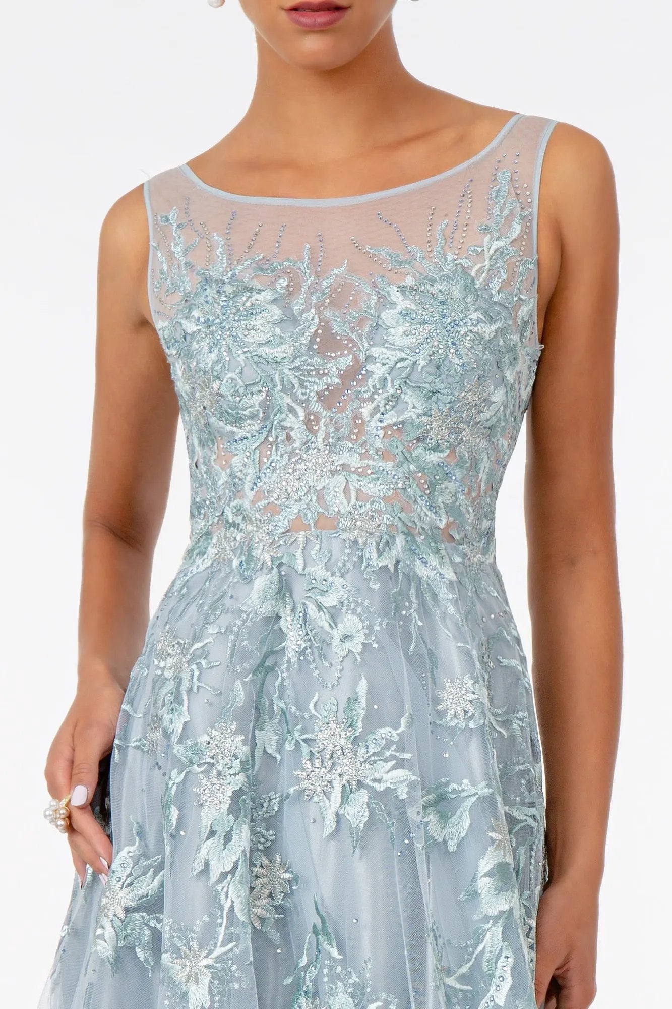 Embroidered Mesh A-Line Long Dress by Tux-USA