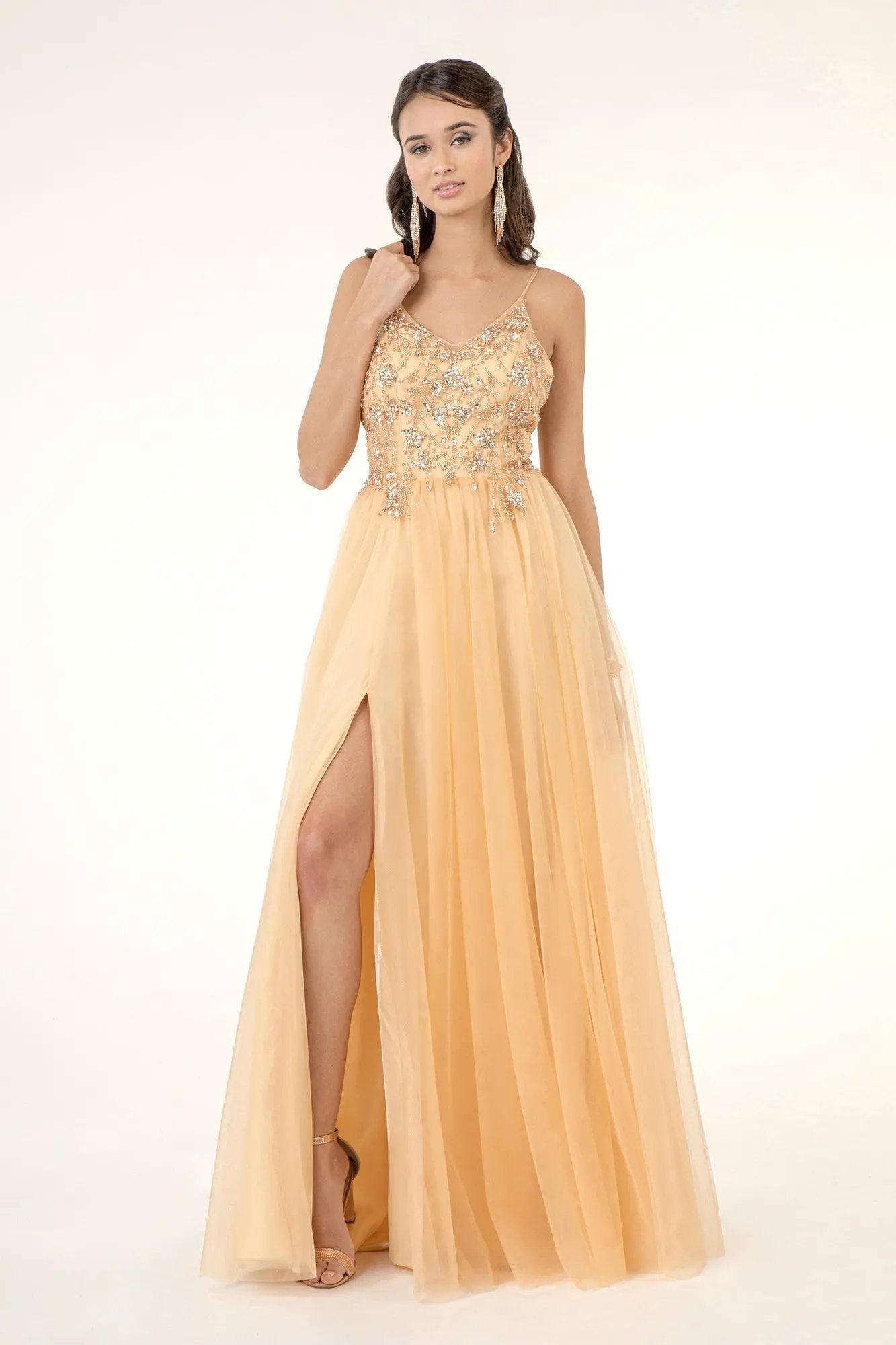 Beads Embellished Bodice V-Neck Mesh A-Line Prom Dress w/ Sheer Back - Mask Not Included by Tux-USA