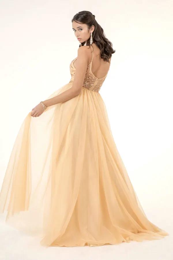 Beads Embellished Bodice V-Neck Mesh A-Line Prom Dress w/ Sheer Back - Mask Not Included by Tux-USA