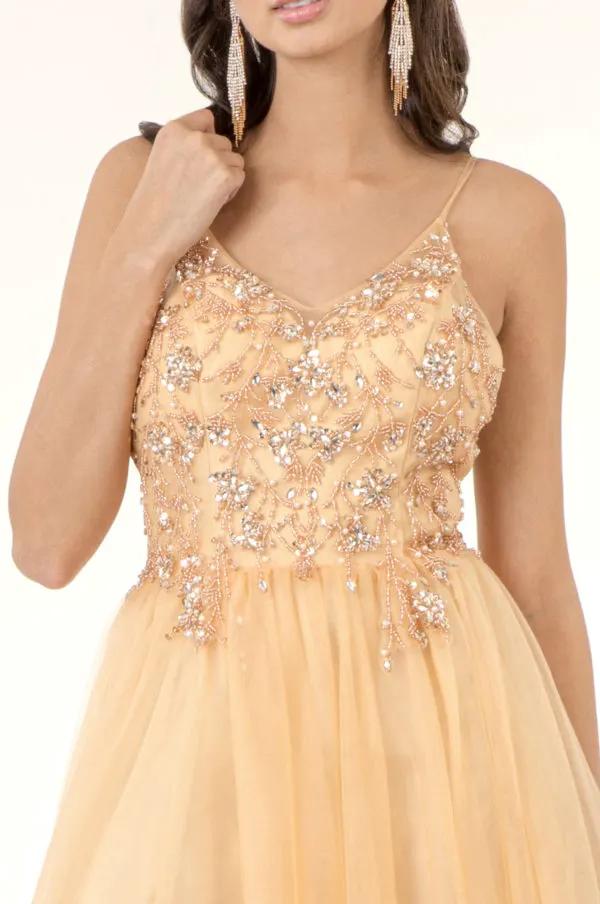 Beads Embellished Bodice V-Neck Mesh A-Line Prom Dress w/ Sheer Back - Mask Not Included by Tux-USA