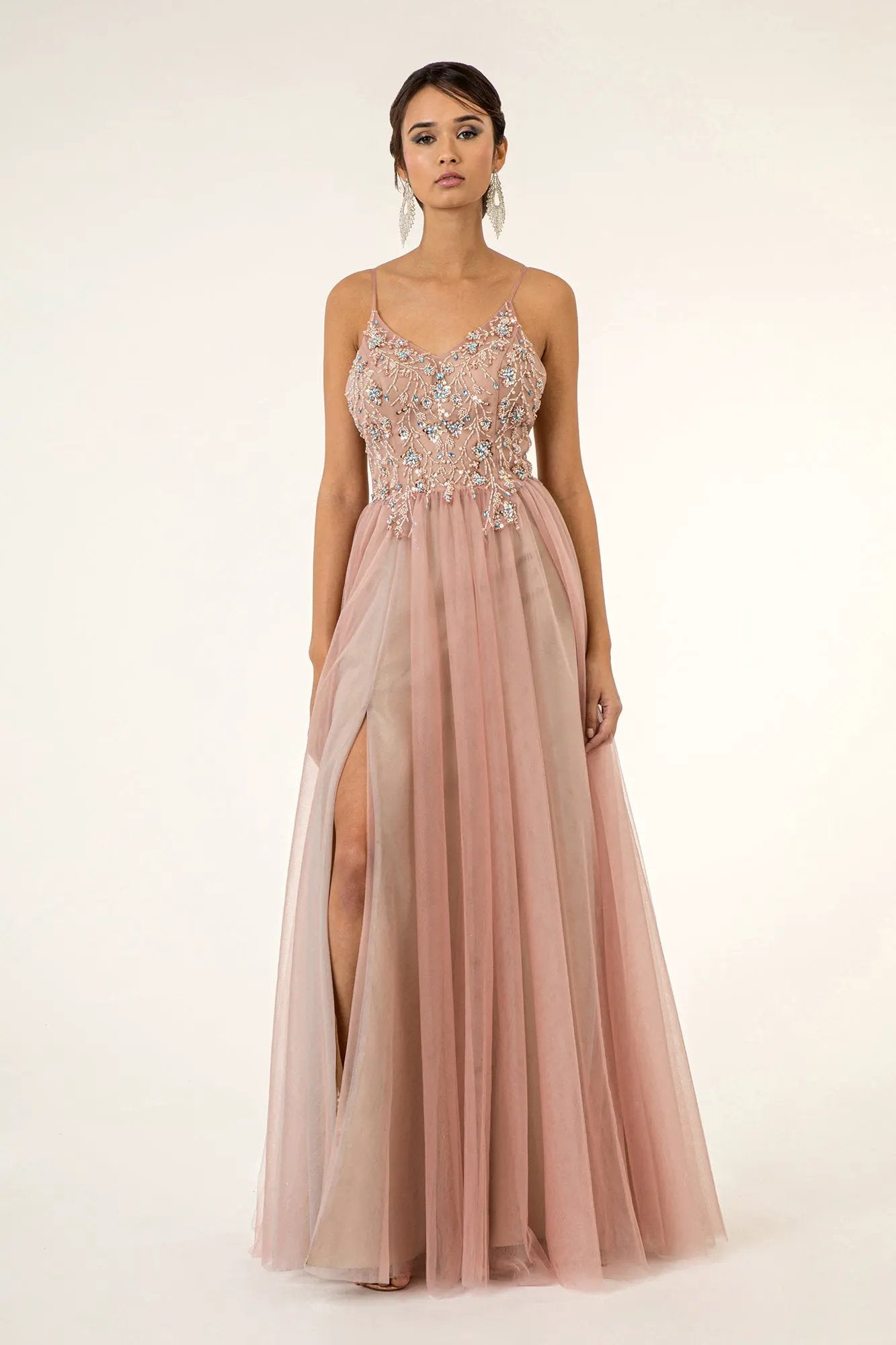 Beads Embellished Bodice V-Neck Mesh A-Line Prom Dress w/ Sheer Back - Mask Not Included by Tux-USA