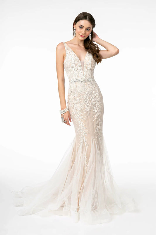 V-Neck Mermaid Long Dress w/ V-Back by Tux-USA