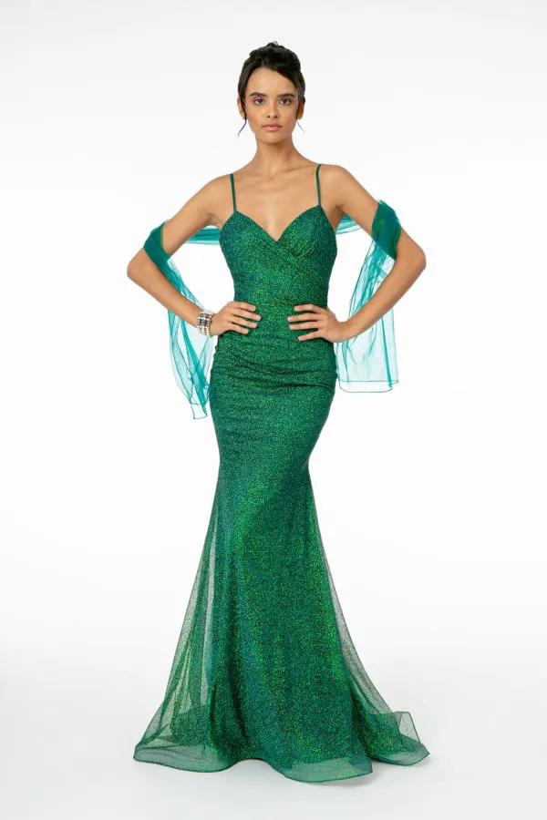 Sweetheart Ruched Glitter Mesh Long Dress by Tux-USA