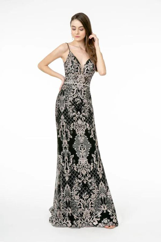 Jeweled Waist Band Accented Glitter Mesh Long Dress by Tux-USA