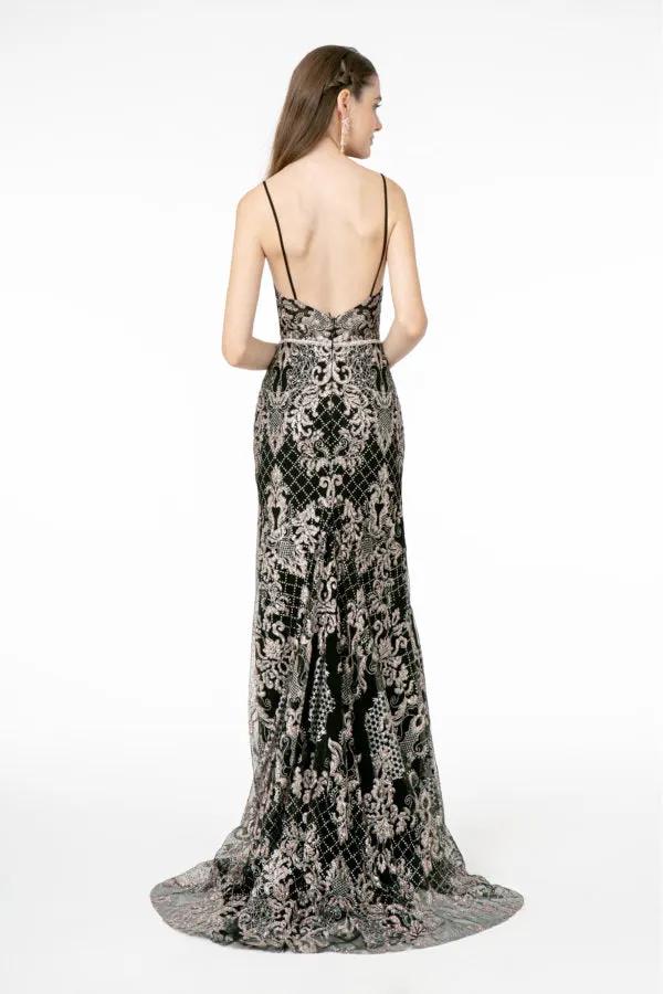 Jeweled Waist Band Accented Glitter Mesh Long Dress by Tux-USA