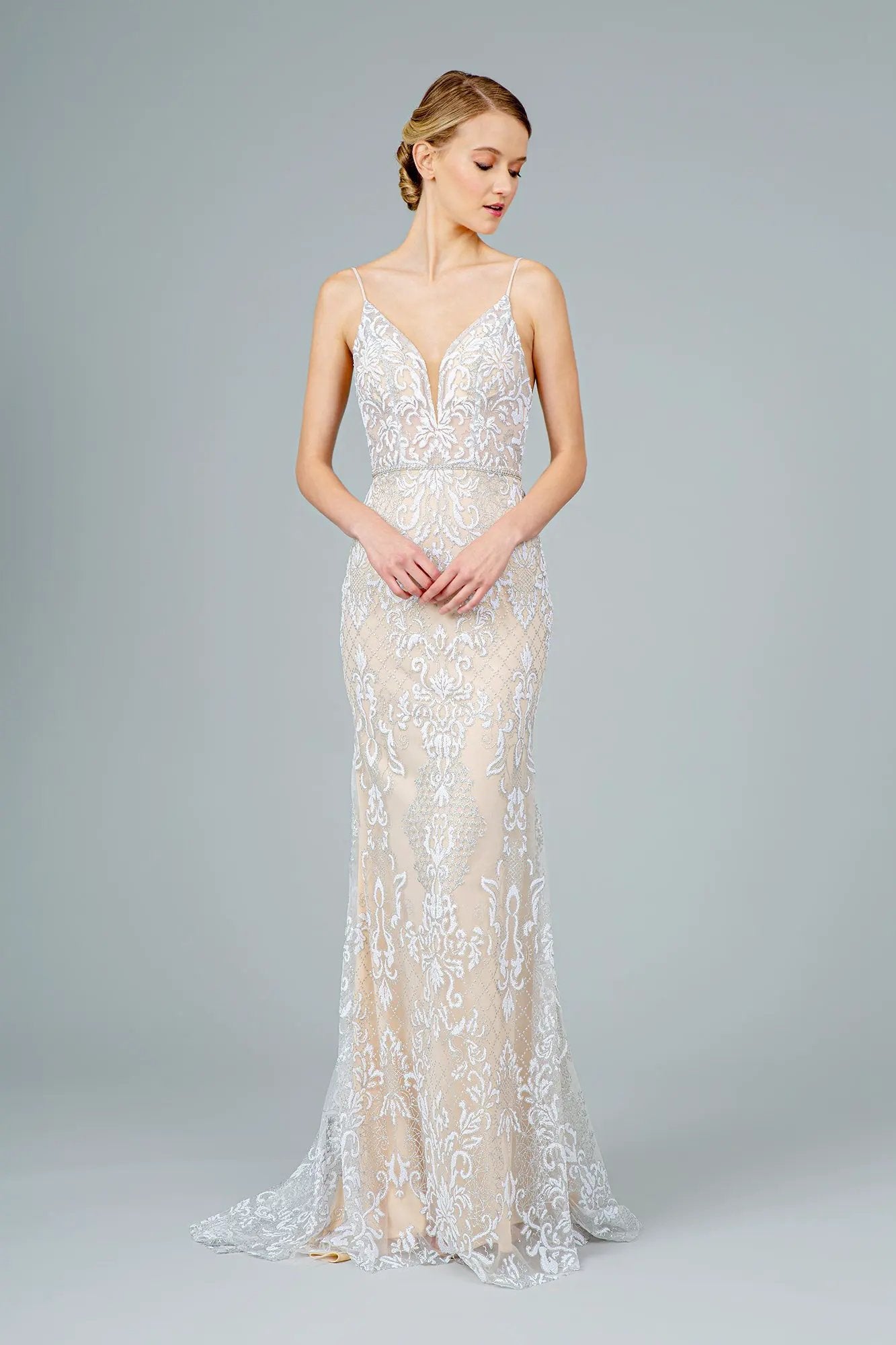 Jeweled Waist Band Accented Glitter Mesh Long Dress by Tux-USA