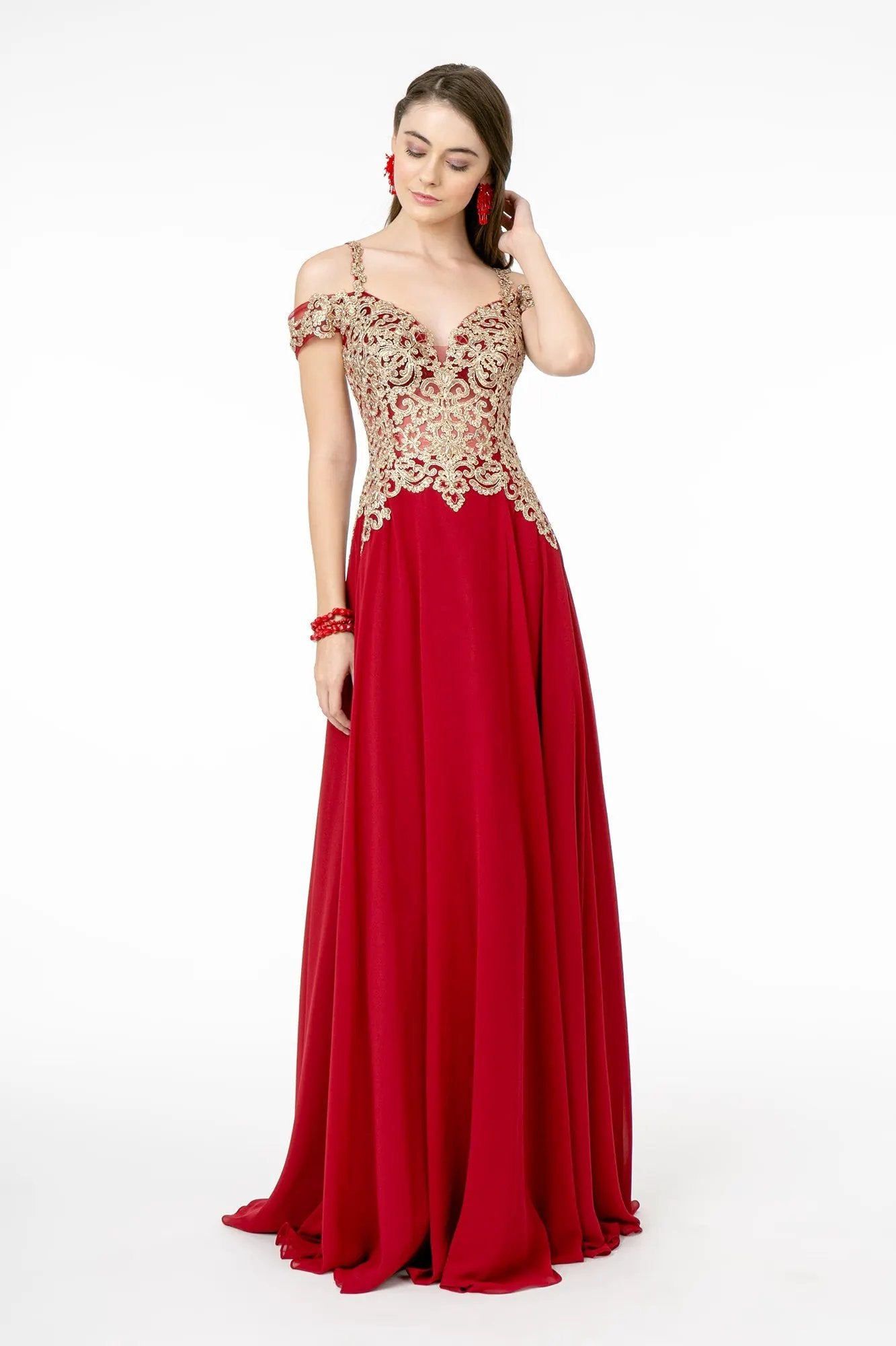Cut-Away Shoulder Embroidered Bodice Chiffon A-Line Dress by Tux-USA