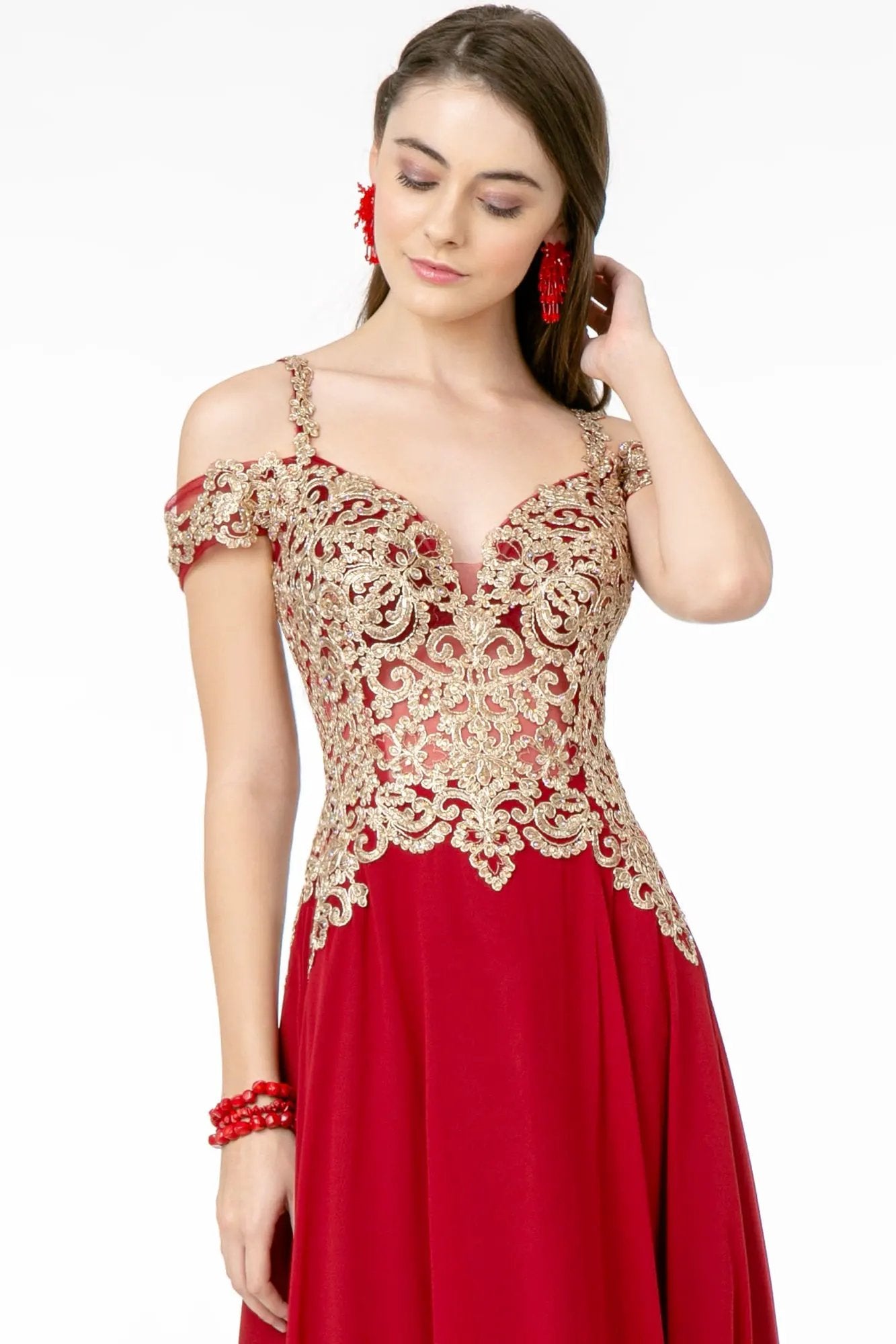 Cut-Away Shoulder Embroidered Bodice Chiffon A-Line Dress by Tux-USA