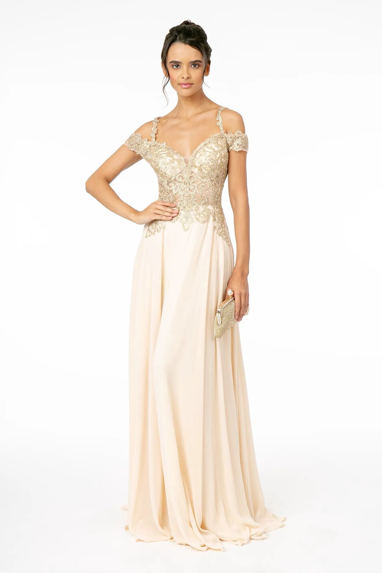 Cut-Away Shoulder Embroidered Bodice Chiffon A-Line Dress by Tux-USA