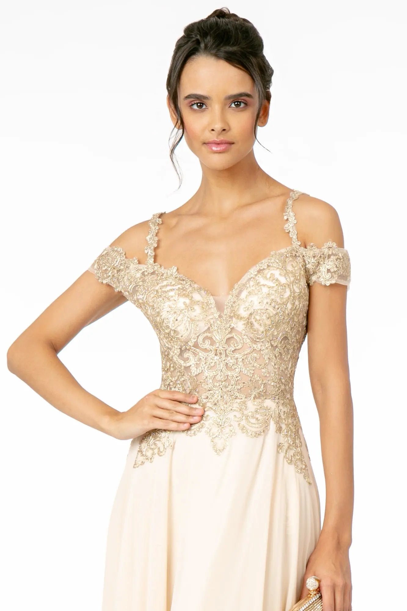 Cut-Away Shoulder Embroidered Bodice Chiffon A-Line Dress by Tux-USA