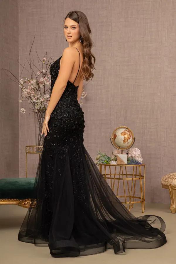 3D Floral Applique V-Neck Spaghetti Strap Mesh Prom Dress by Tux-USA