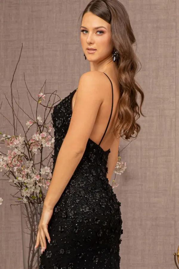 3D Floral Applique V-Neck Spaghetti Strap Mesh Prom Dress by Tux-USA