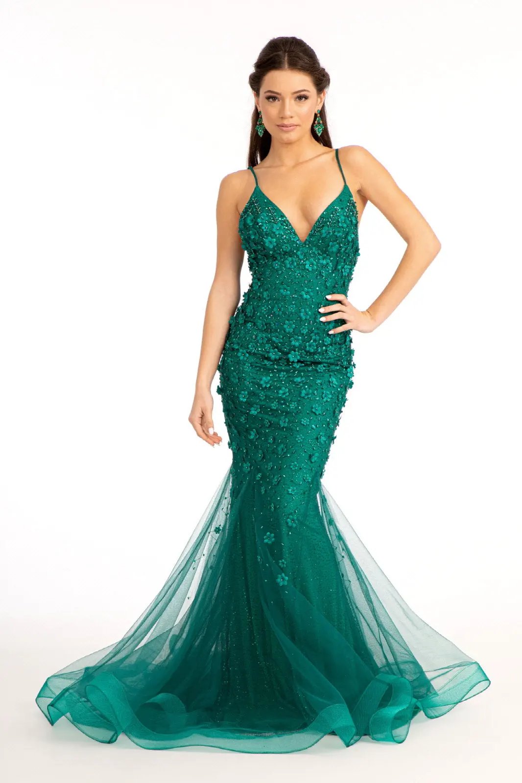 3D Floral Applique V-Neck Spaghetti Strap Mesh Prom Dress by Tux-USA