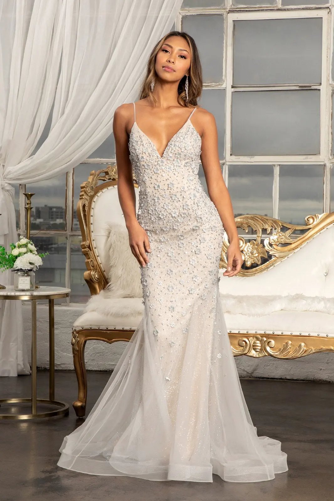 3D Floral Applique V-Neck Spaghetti Strap Mesh Prom Dress by Tux-USA