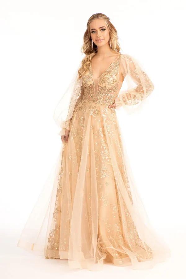 Sheer Bodice Sequin and Glitter Embellished A-Line Prom Dress by Tux-USA
