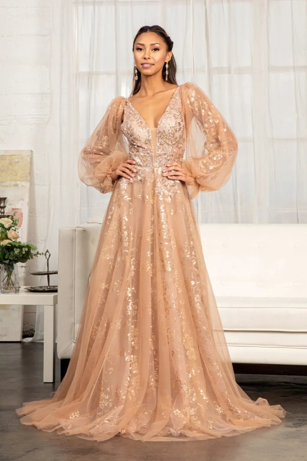 Sheer Bodice Sequin and Glitter Embellished A-Line Prom Dress by Tux-USA