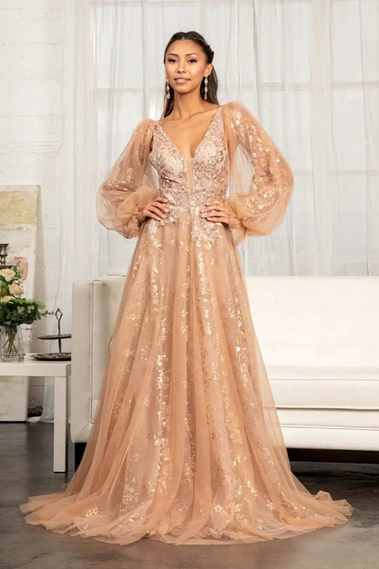 Sheer Bodice Sequin and Glitter Embellished A-Line Prom Dress by Tux-USA