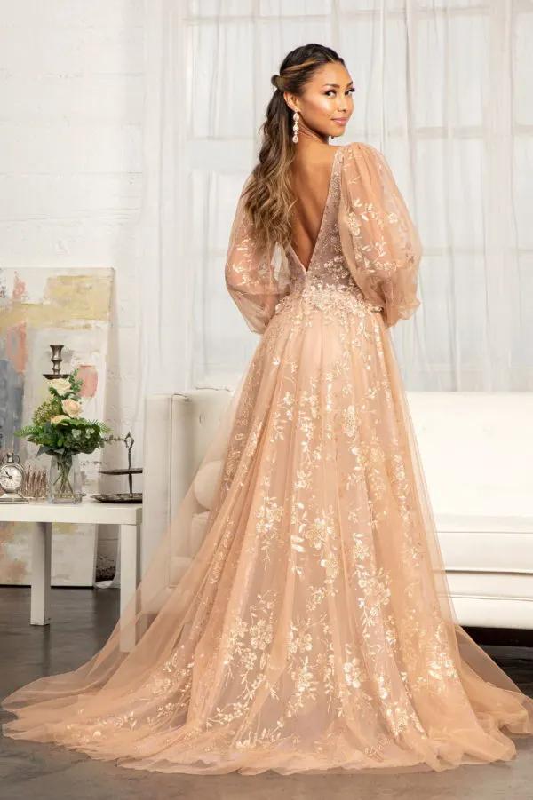 Sheer Bodice Sequin and Glitter Embellished A-Line Prom Dress by Tux-USA