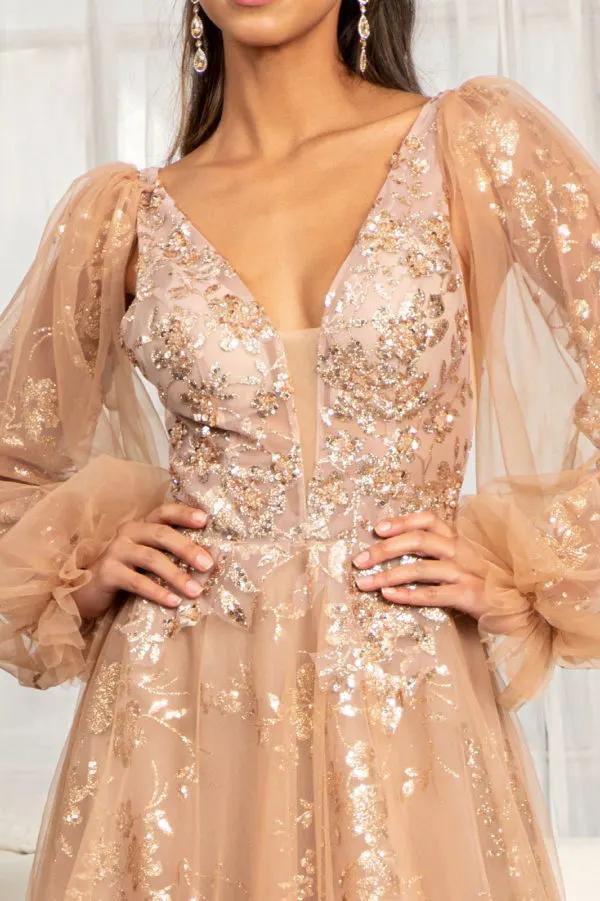 Sheer Bodice Sequin and Glitter Embellished A-Line Prom Dress by Tux-USA