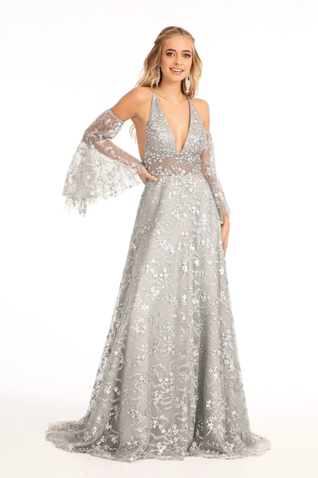 Prom Dress Sheer Waistline V Neck Glitter Mesh Detachable Mesh Sleeve by Tux-USA