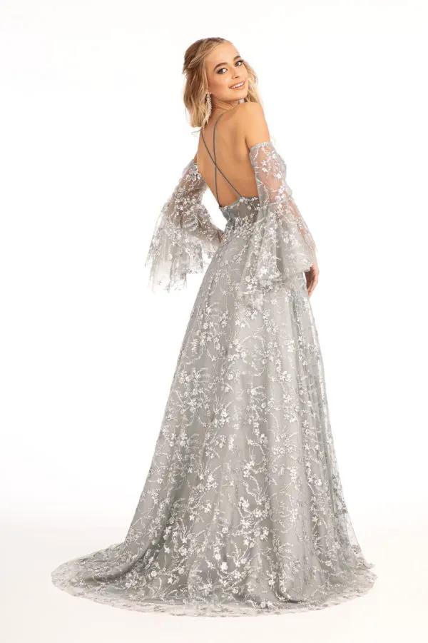 Prom Dress Sheer Waistline V Neck Glitter Mesh Detachable Mesh Sleeve by Tux-USA