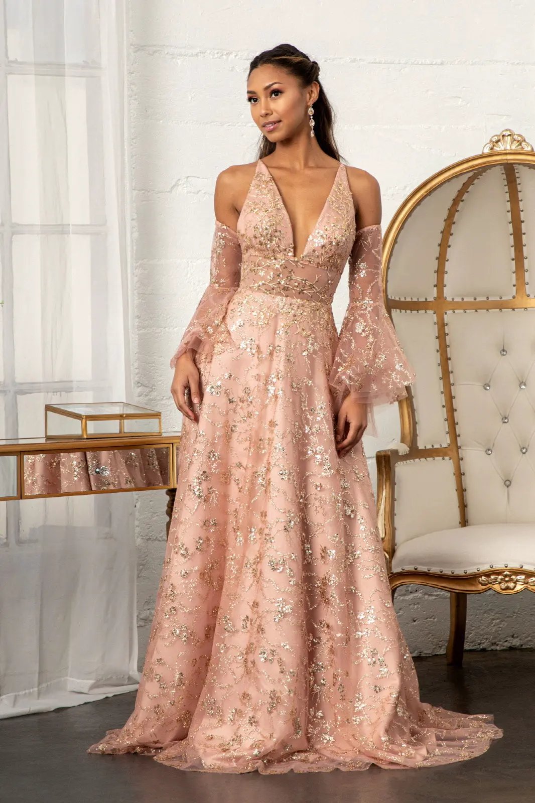 Prom Dress Sheer Waistline V Neck Glitter Mesh Detachable Mesh Sleeve by Tux-USA