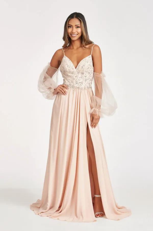 Detachable Mesh Sleeve V-Neck Chiffon Prom Dress by Tux-USA