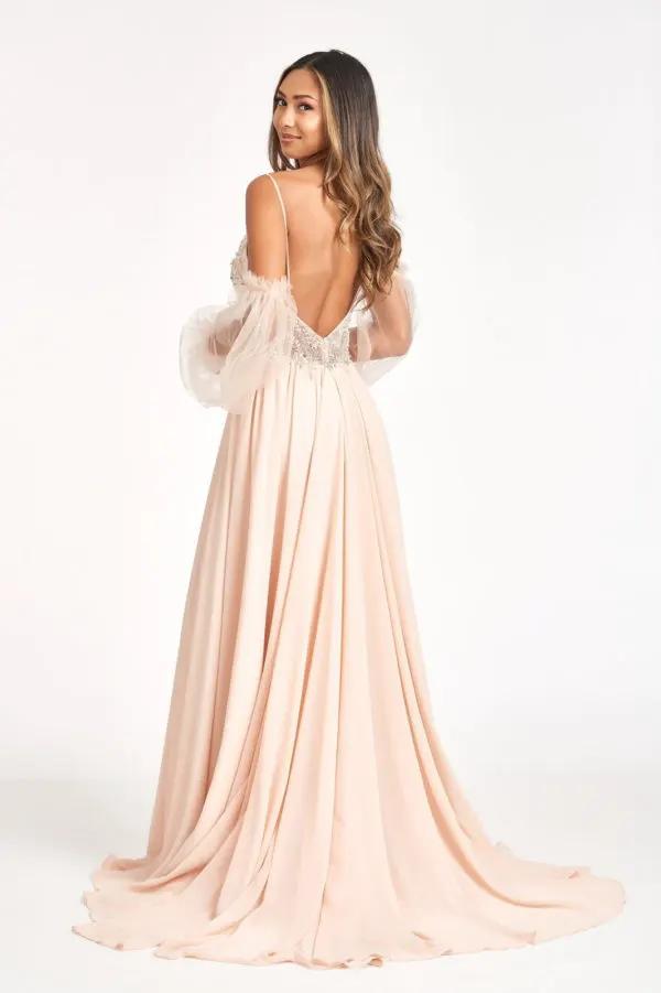 Detachable Mesh Sleeve V-Neck Chiffon Prom Dress by Tux-USA