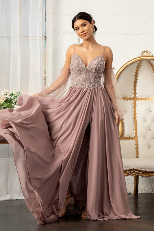 Detachable Mesh Sleeve V-Neck Chiffon Prom Dress by Tux-USA