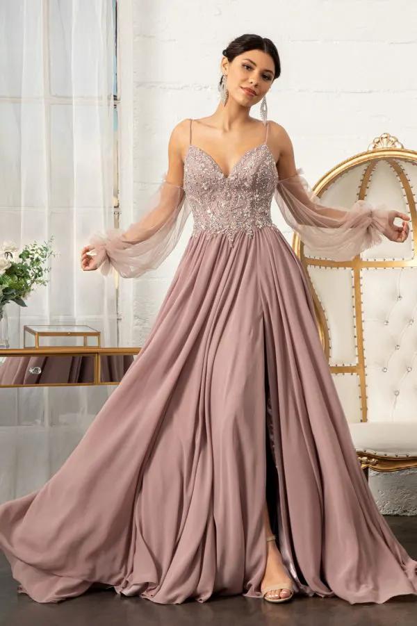 Detachable Mesh Sleeve V-Neck Chiffon Prom Dress by Tux-USA