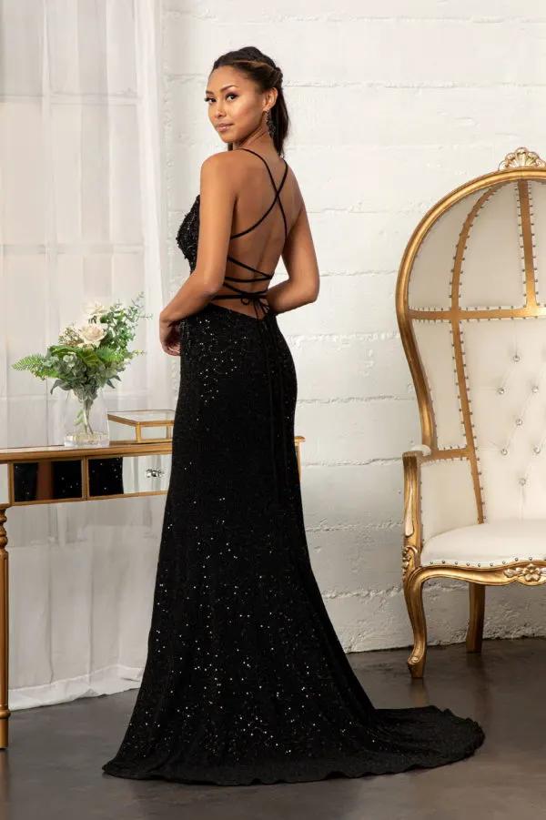 Sheer Bodice Sleeveless V-Neck Sequin Prom Dress w/ Leg Slit by Tux-USA