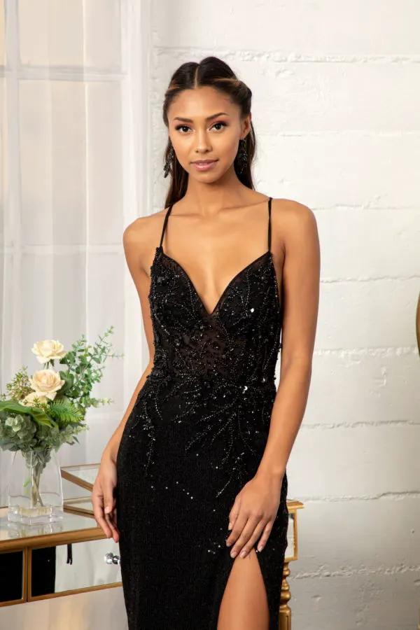 Sheer Bodice Sleeveless V-Neck Sequin Prom Dress w/ Leg Slit by Tux-USA
