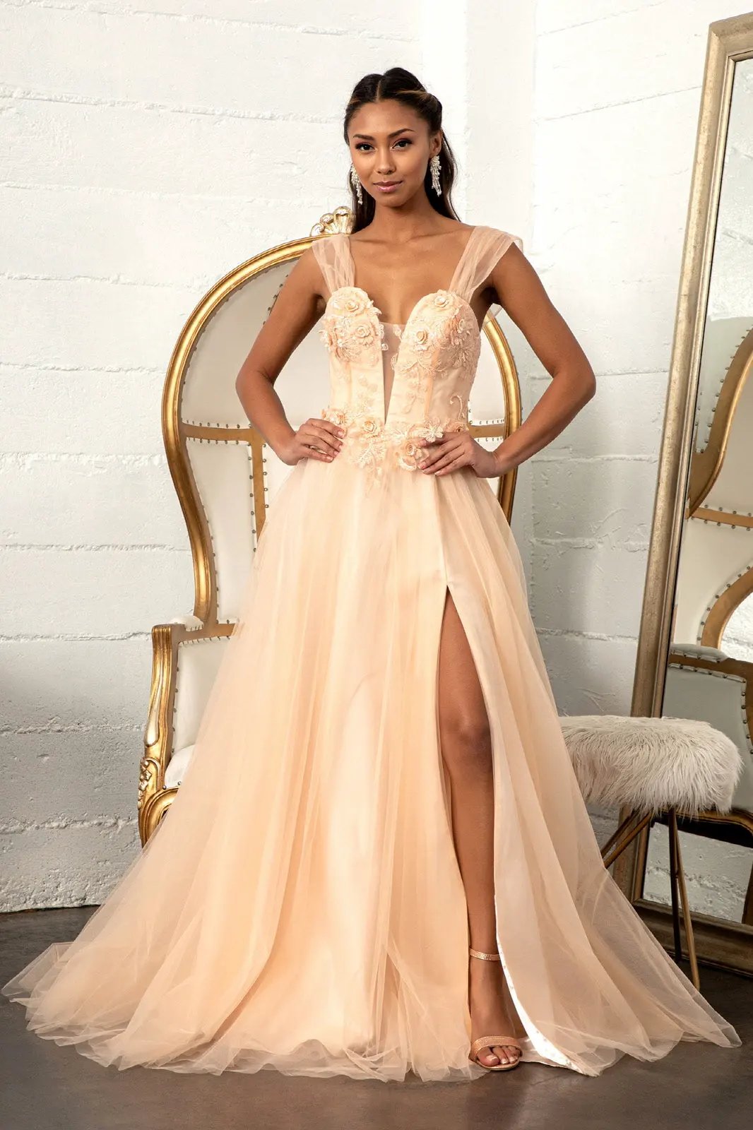 3-D Flower Embellished Mesh A-line Dress w/ Lace-up Open Back by Tux-USA