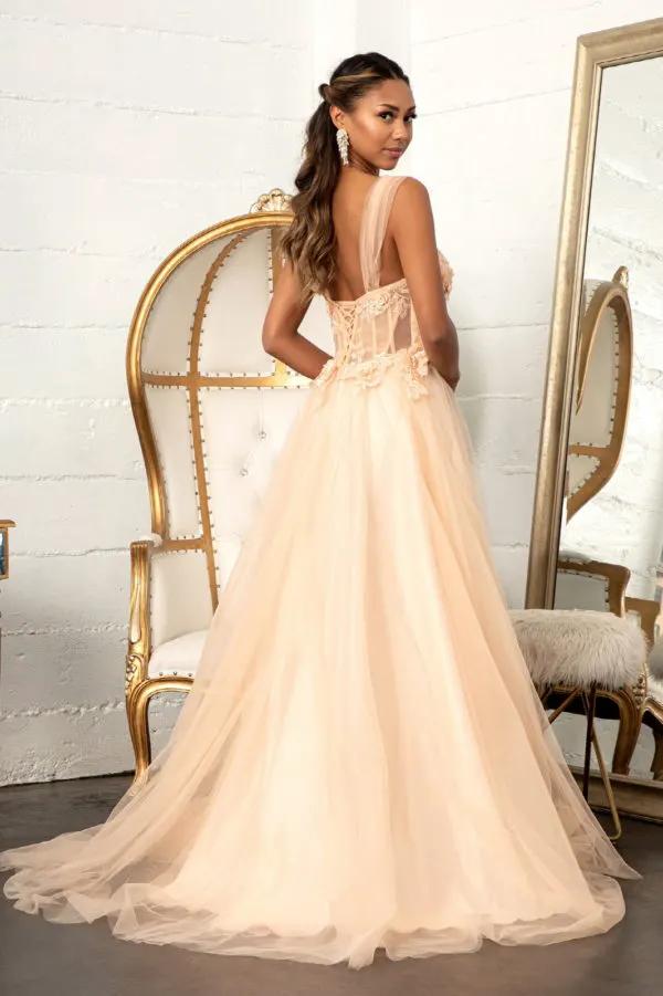 3-D Flower Embellished Mesh A-line Dress w/ Lace-up Open Back by Tux-USA