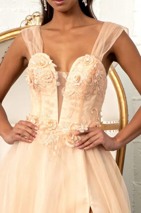 3-D Flower Embellished Mesh A-line Dress w/ Lace-up Open Back by Tux-USA